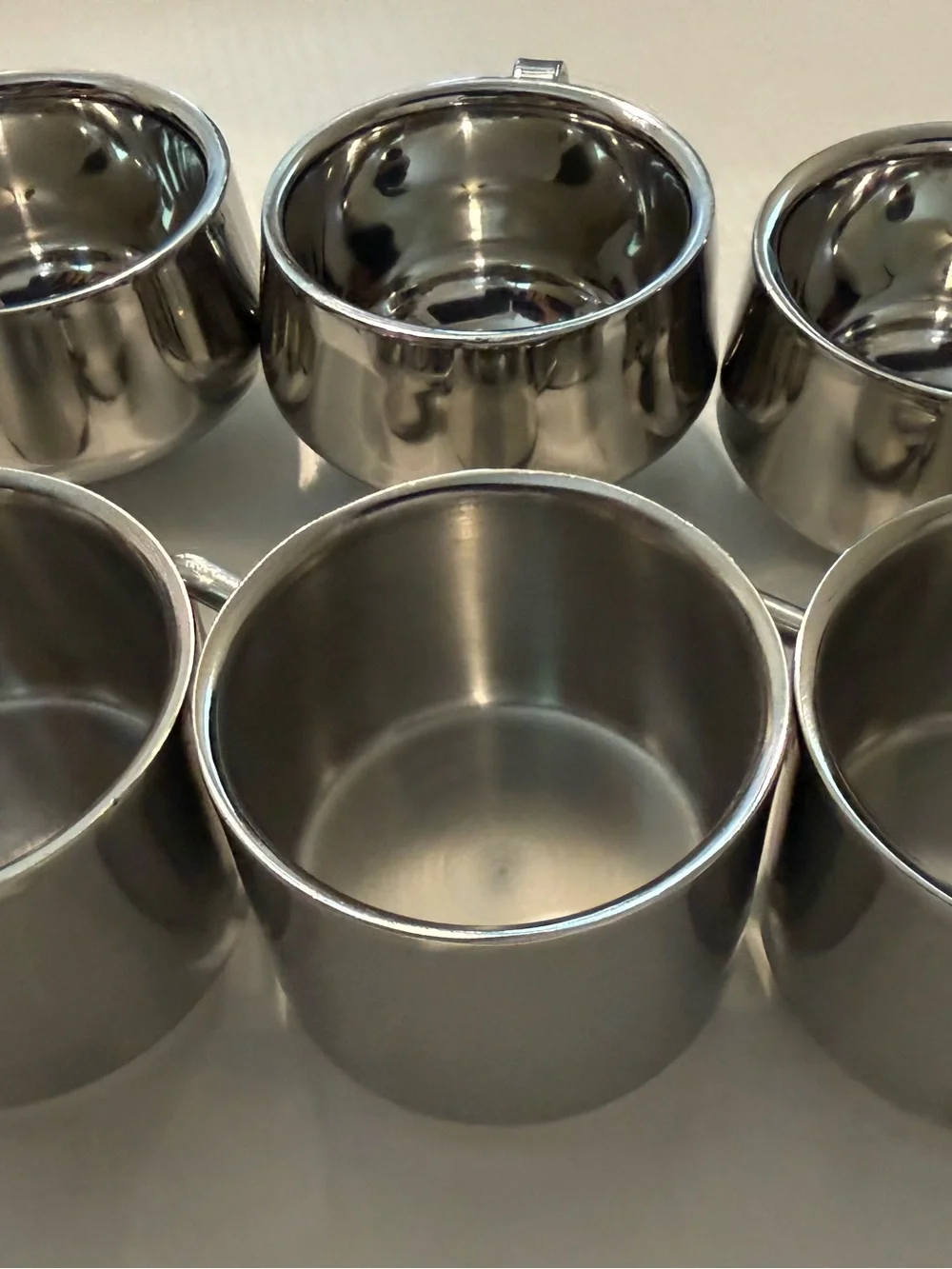 Set of 6: Polished Stainless Steel Coffee Cup and 3 serving bowls Mazda & JVL